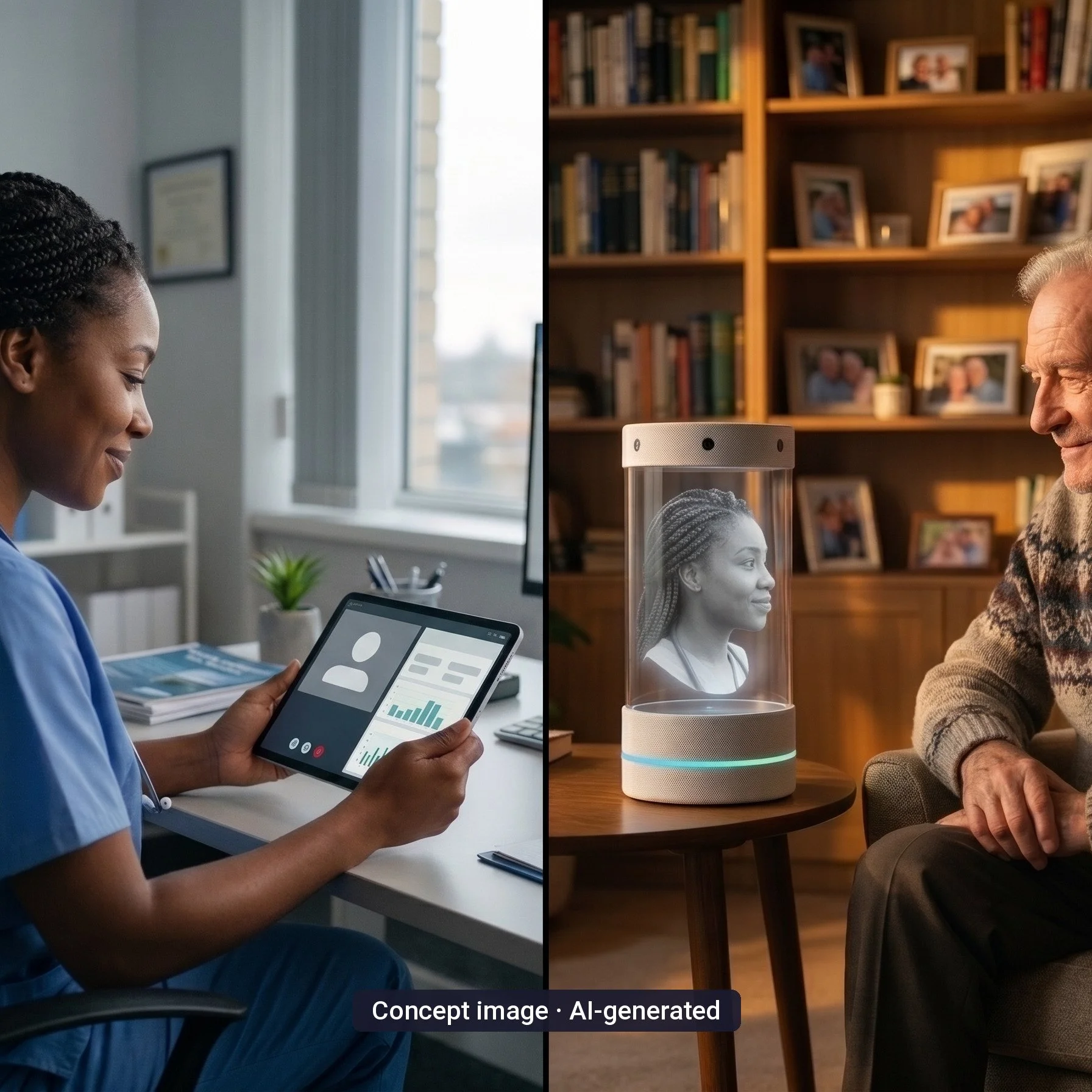 Concept image in two parts: a nurse on a video visit at her desk, and an older man talking with her 3D face in OHLO.