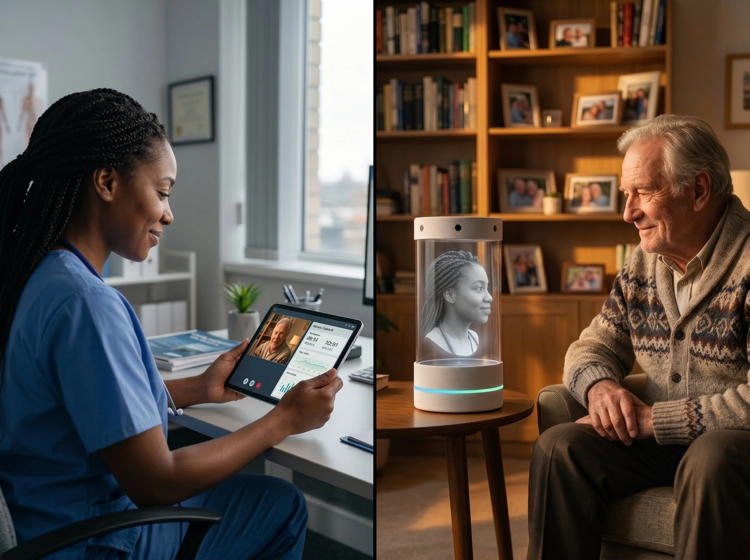 Concept image in two parts: a nurse on a video visit at her desk, and an older man talking with her 3D face in OHLO.