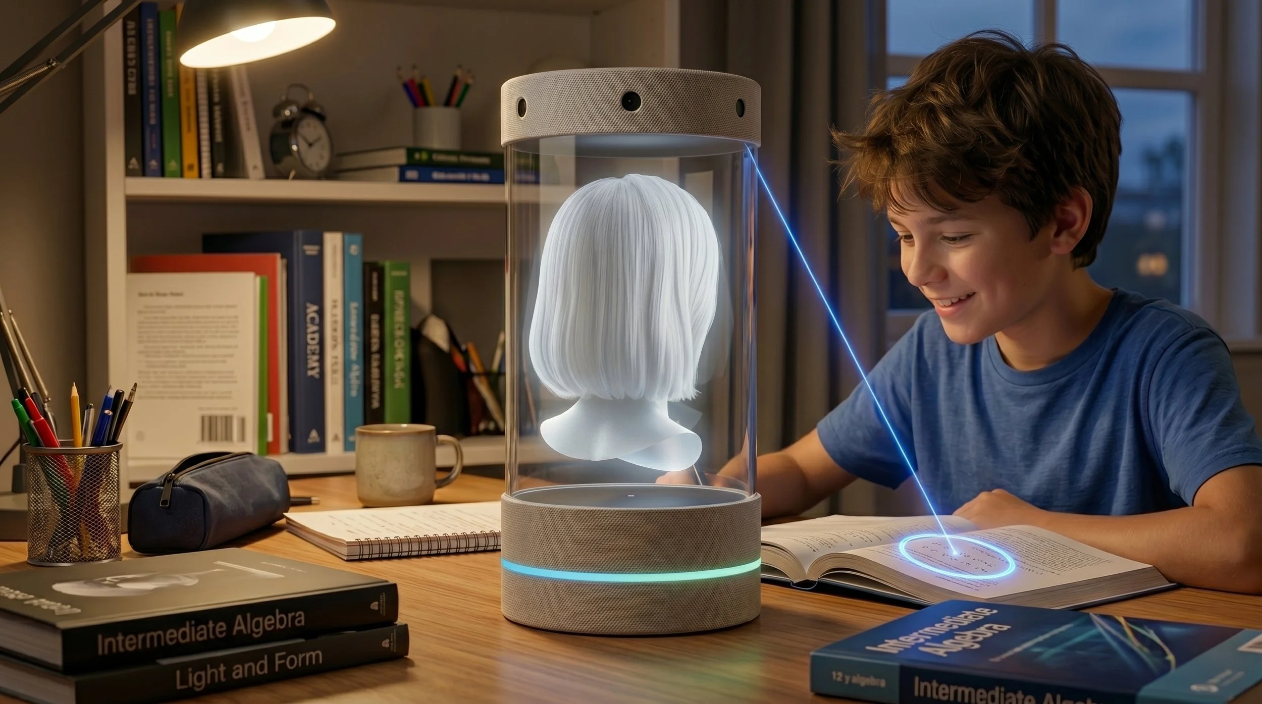 A young boy does his homework with Claire, our Holographic AI Assistant, by his side — a lifelike 3D avatar that makes eye contact, smiles, and guides him through every question like a patient, always-available tutor.