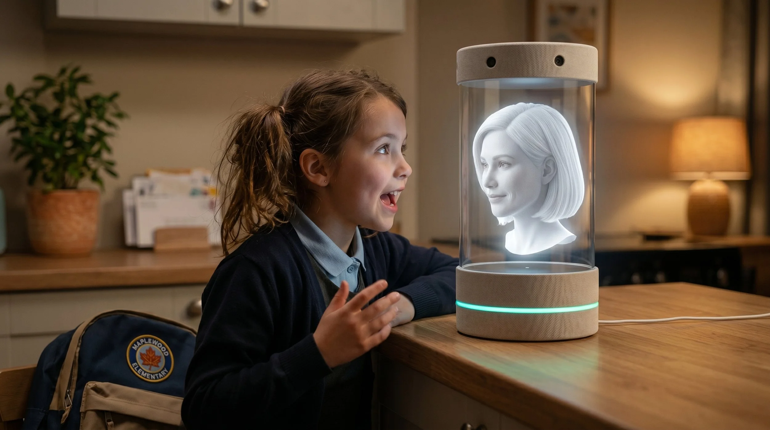 A young girl rushes home and eagerly shares his day with Claire, our Holographic AI Assistant — a lifelike 3D avatar who listens with eye contact, reacts with genuine expressions, and responds like a caring friend always happy to hear his stories.