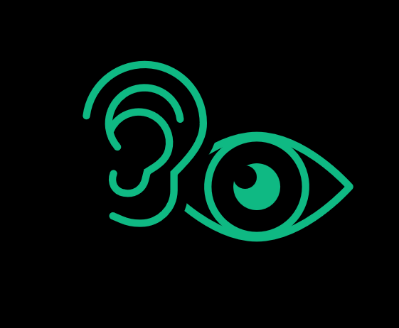 Icon of an ear and an eye, representing hearing and sight.