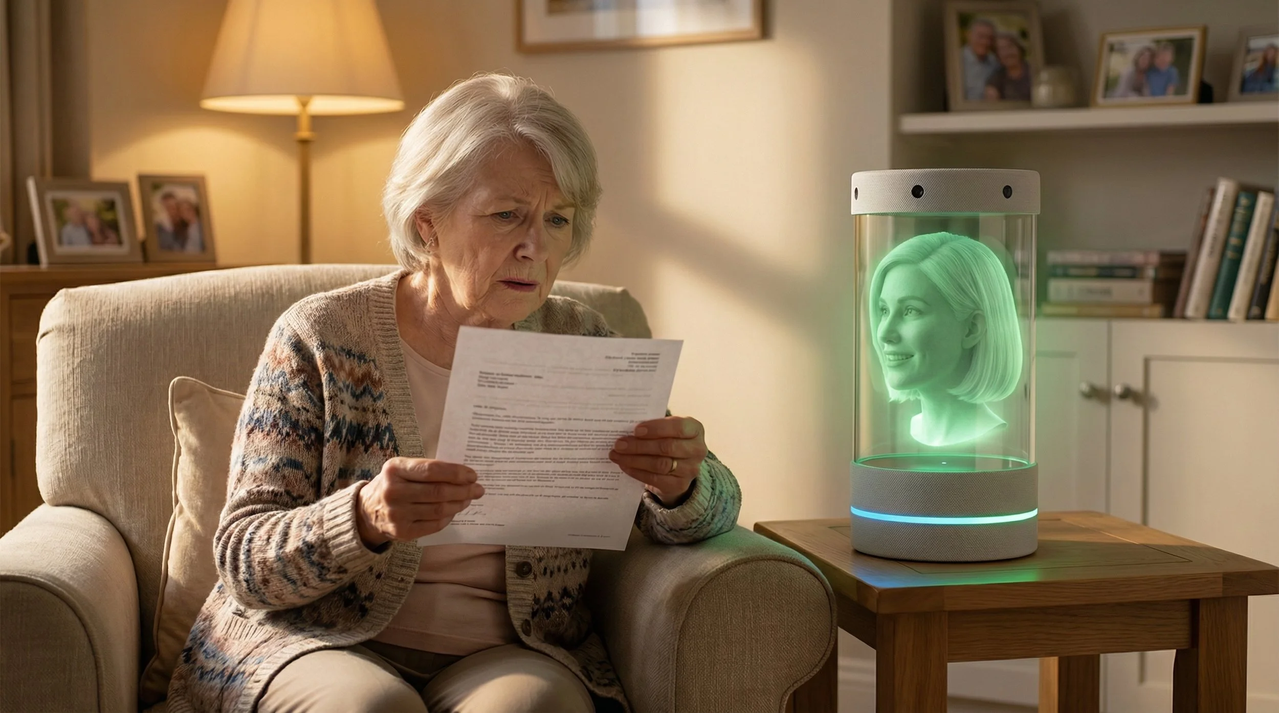 An elderly woman sits confused holding a letter while Claire, our Holographic AI Assistant, smiles warmly from her holographic display beside her — ready to help with patience and care.