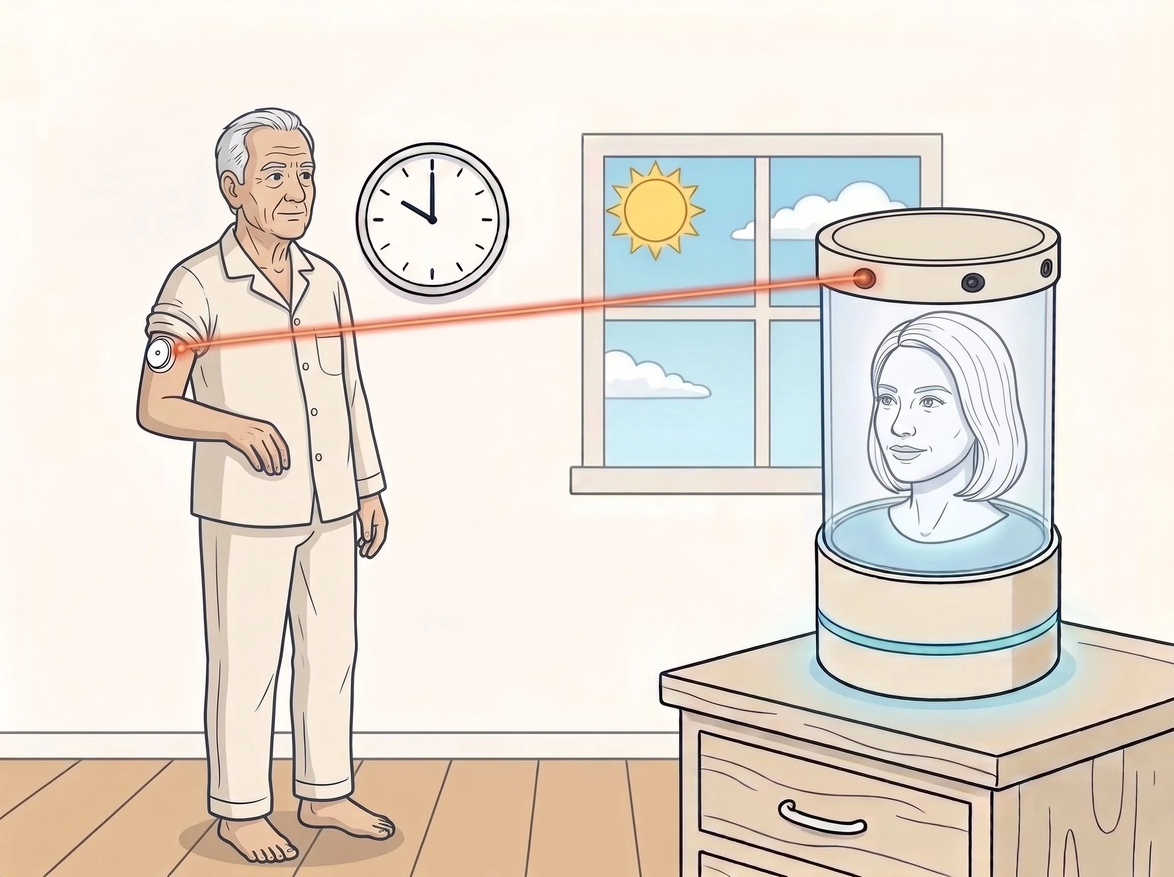 Senior man with OHLO highlighting a blood sensor