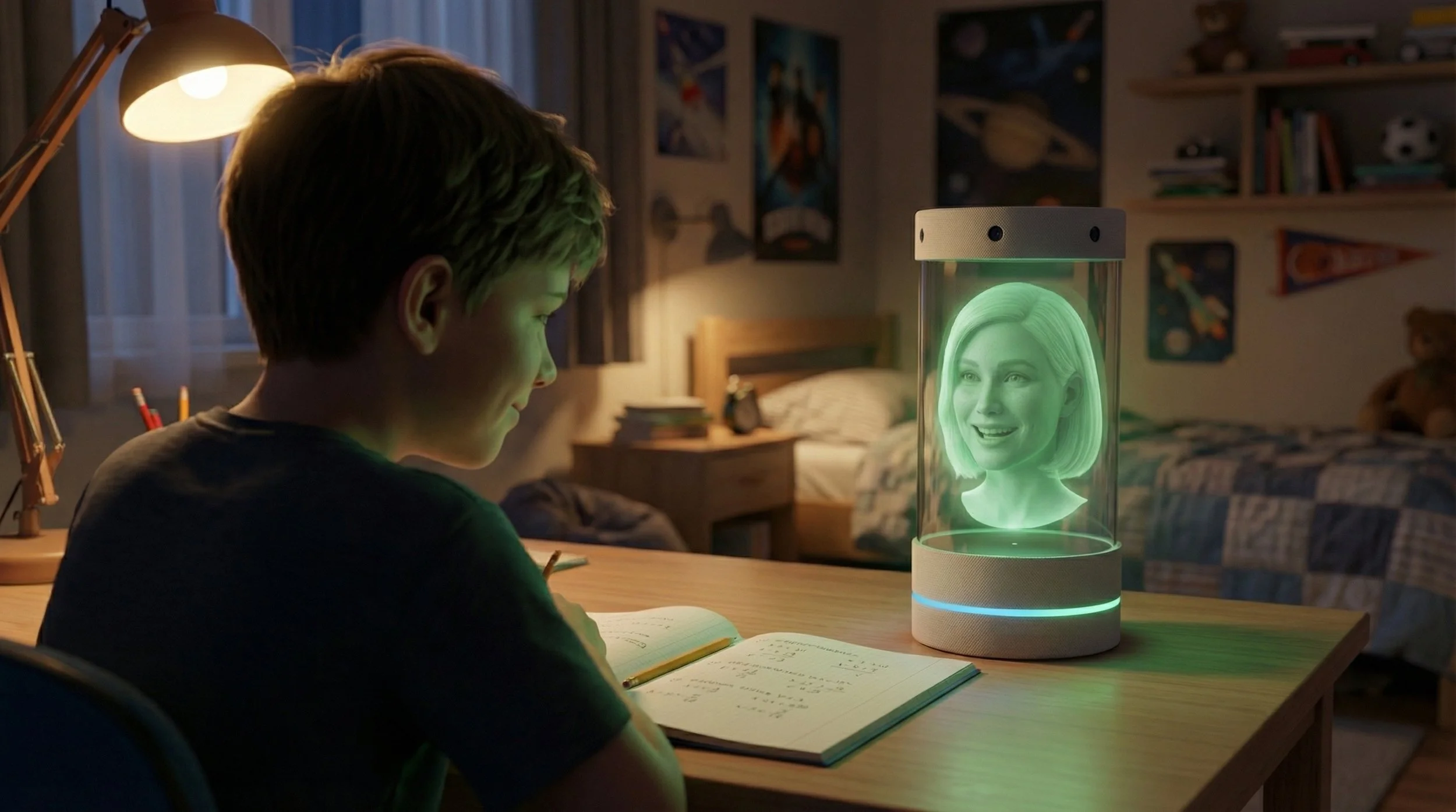 A young boy does his homework with Claire, our Holographic AI Assistant, by his side — a lifelike 3D avatar that makes eye contact, smiles, and guides him through every question like a patient, always-available tutor.