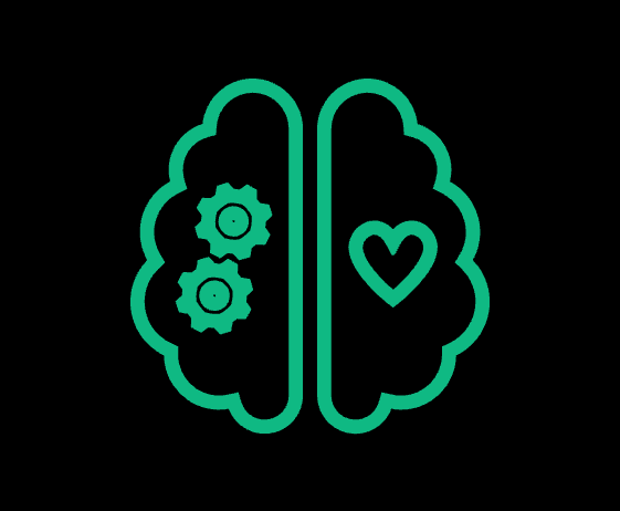 Line drawing of a brain with gears on the left side and a heart on the right side, representing the connection between thinking and emotion.