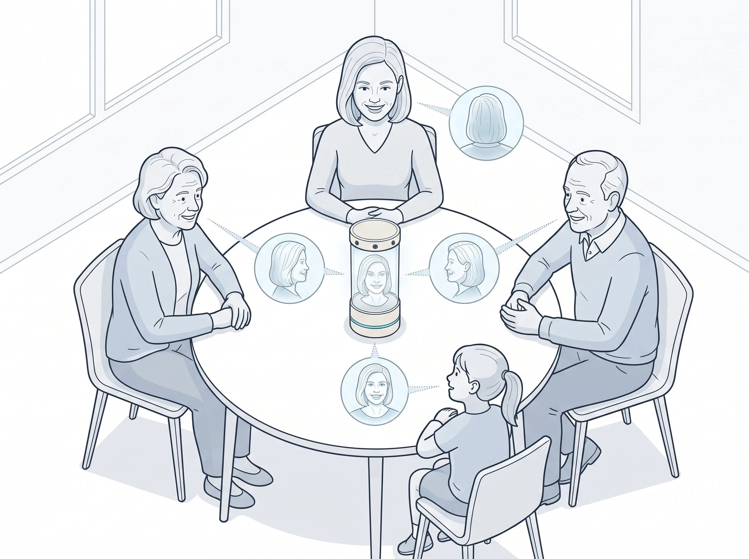 Illustration: a family around a table, each person seeing OHLO’s 3D face from their own side.