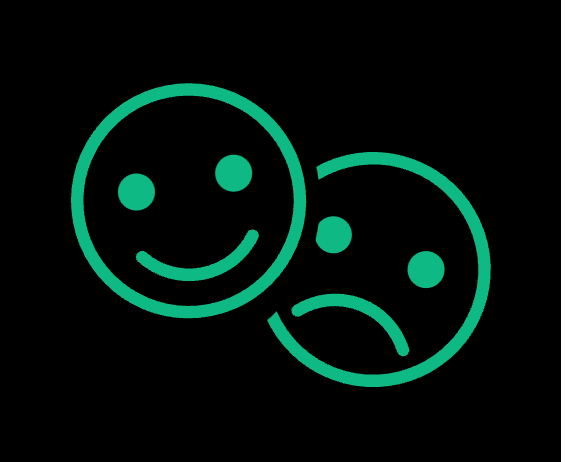 Two smiley face icons, one happy and one sad, outlined in teal on a black background.