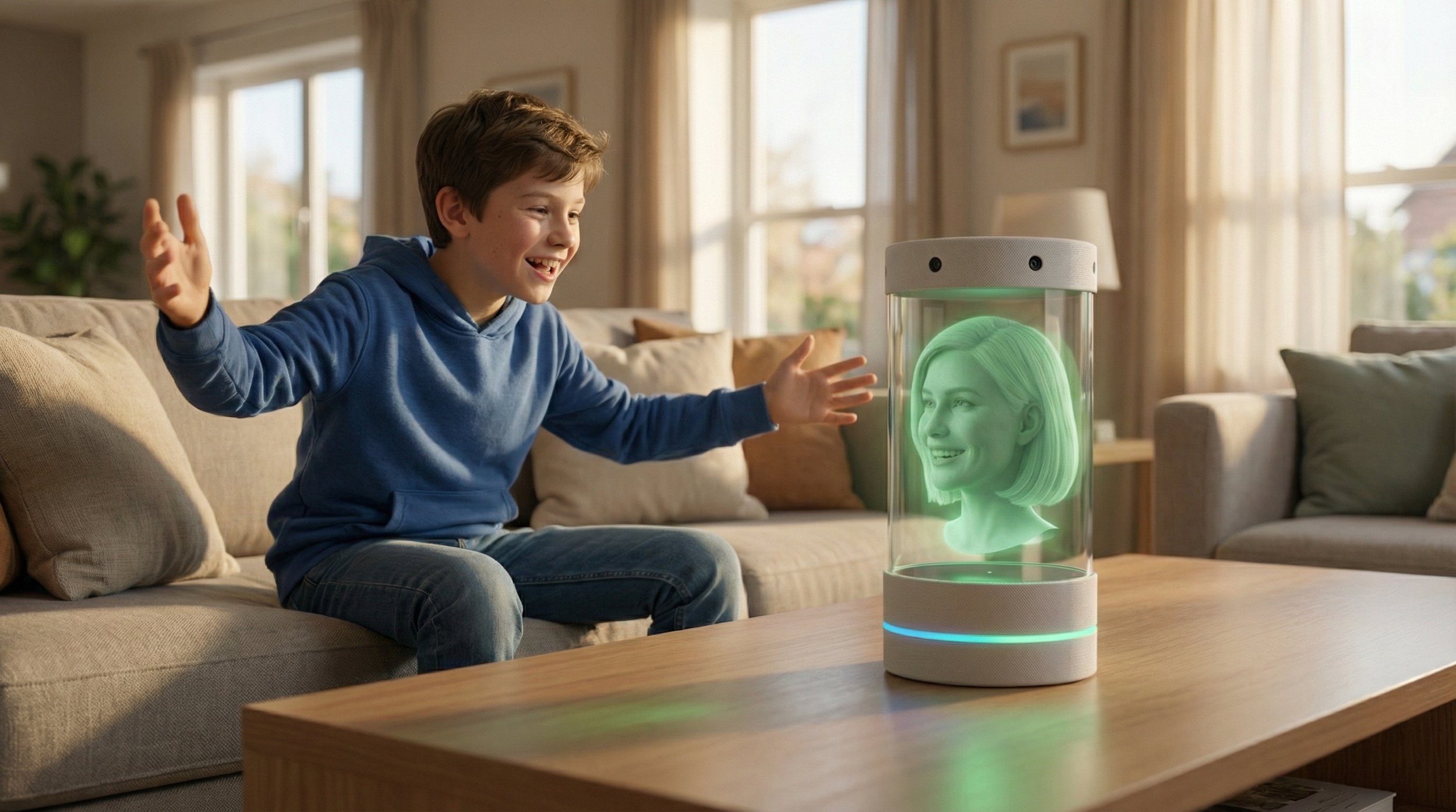 A young boy rushes home and eagerly shares his day with Claire, our Holographic AI Assistant — a lifelike 3D avatar who listens with eye contact, reacts with genuine expressions, and responds like a caring friend always happy to hear his stories.