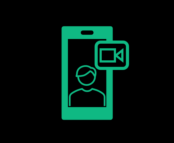 Icon of a smartphone with a person on the screen and a video camera symbol next to it.