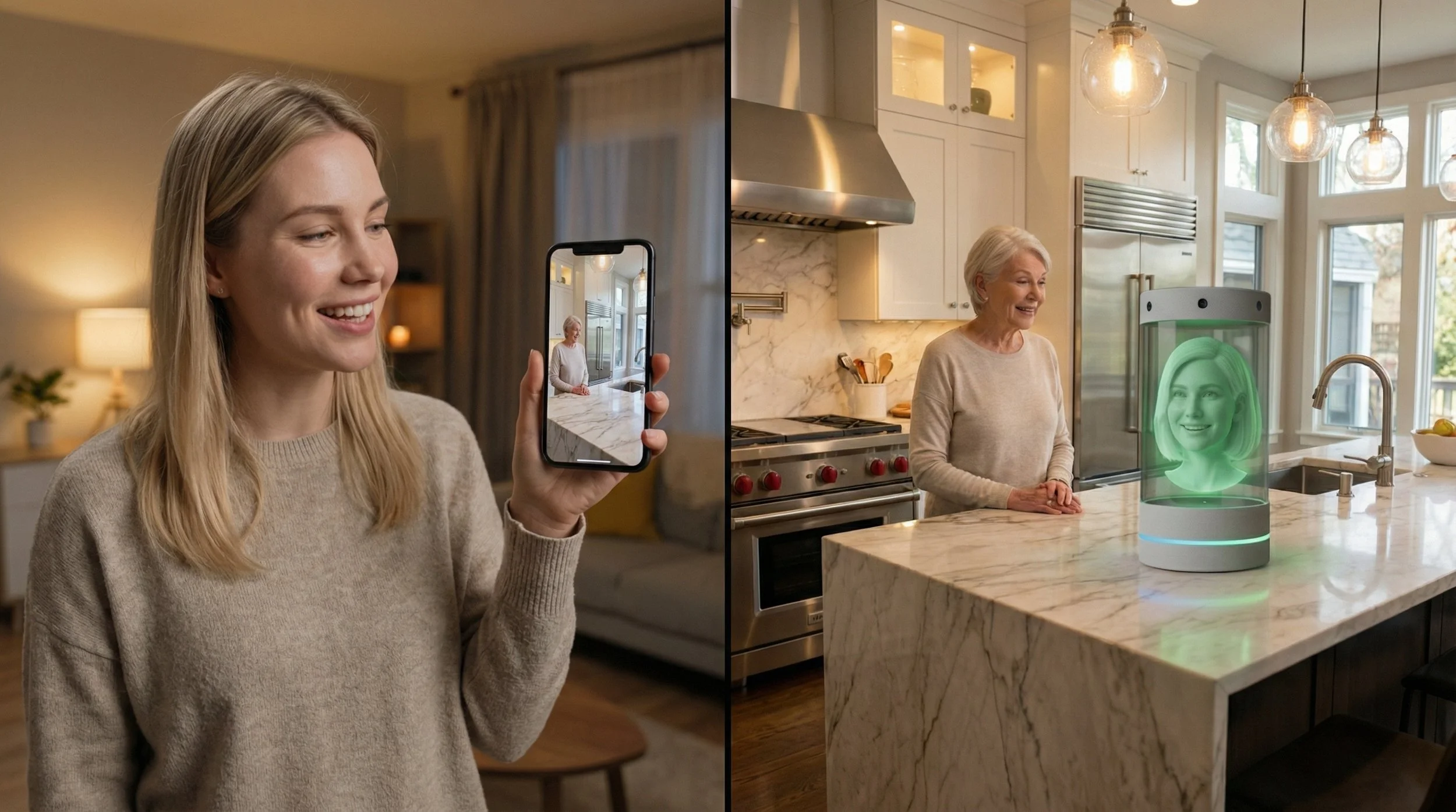 A young woman video-calls her grandma and watches her appear as a stunning 3D hologram she can walk around and see from every angle — turning a simple phone call into a lifelike 360° visit, as if grandma were right there in the room.