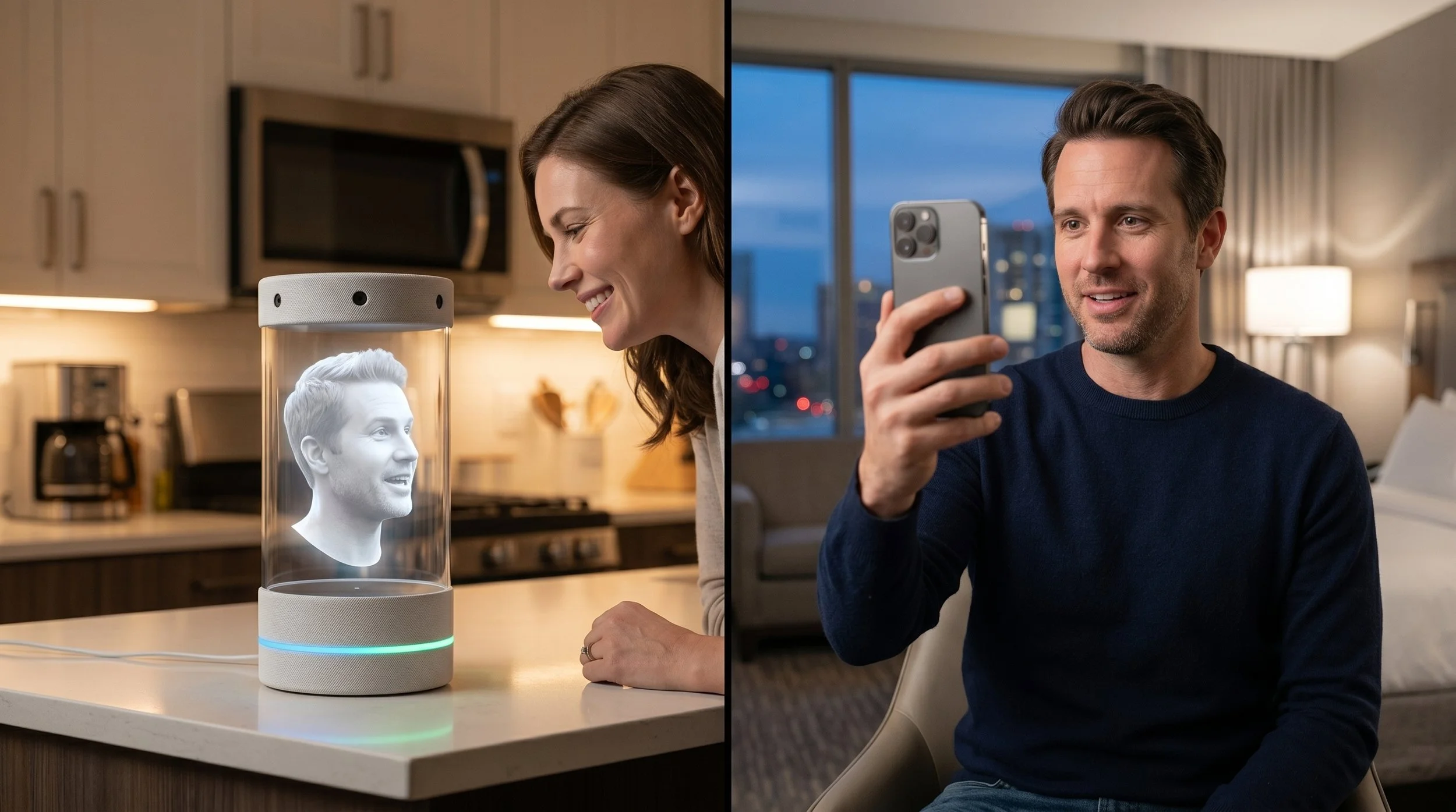 A man video-calls his wife from his smartphone while she sees him appear as a lifelike 3D hologram in their kitchen — bringing them face to face with real eye contact and natural expressions, as if he were truly standing right there at home.