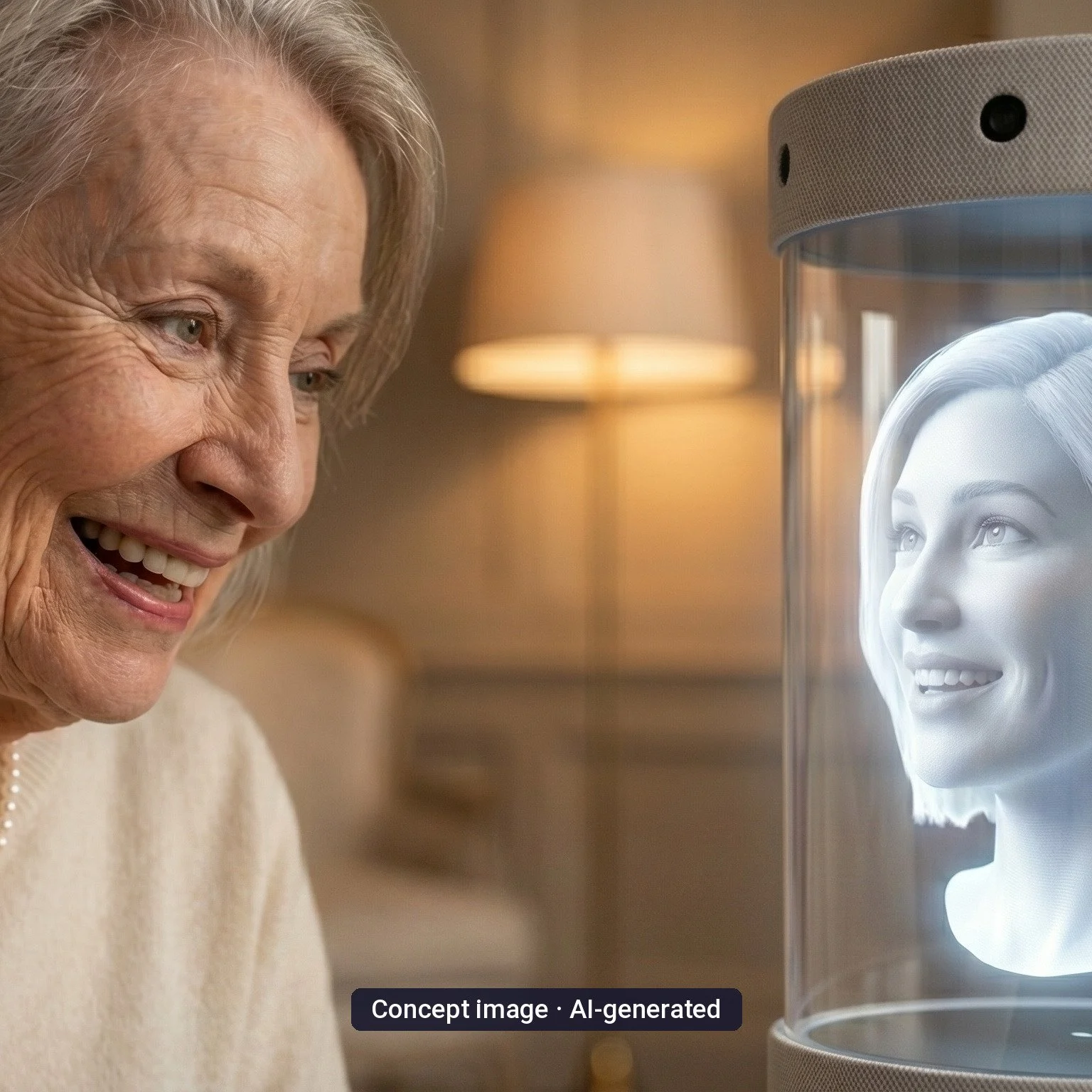 Concept image: an older woman smiles as she talks with OHLO’s 3D face.