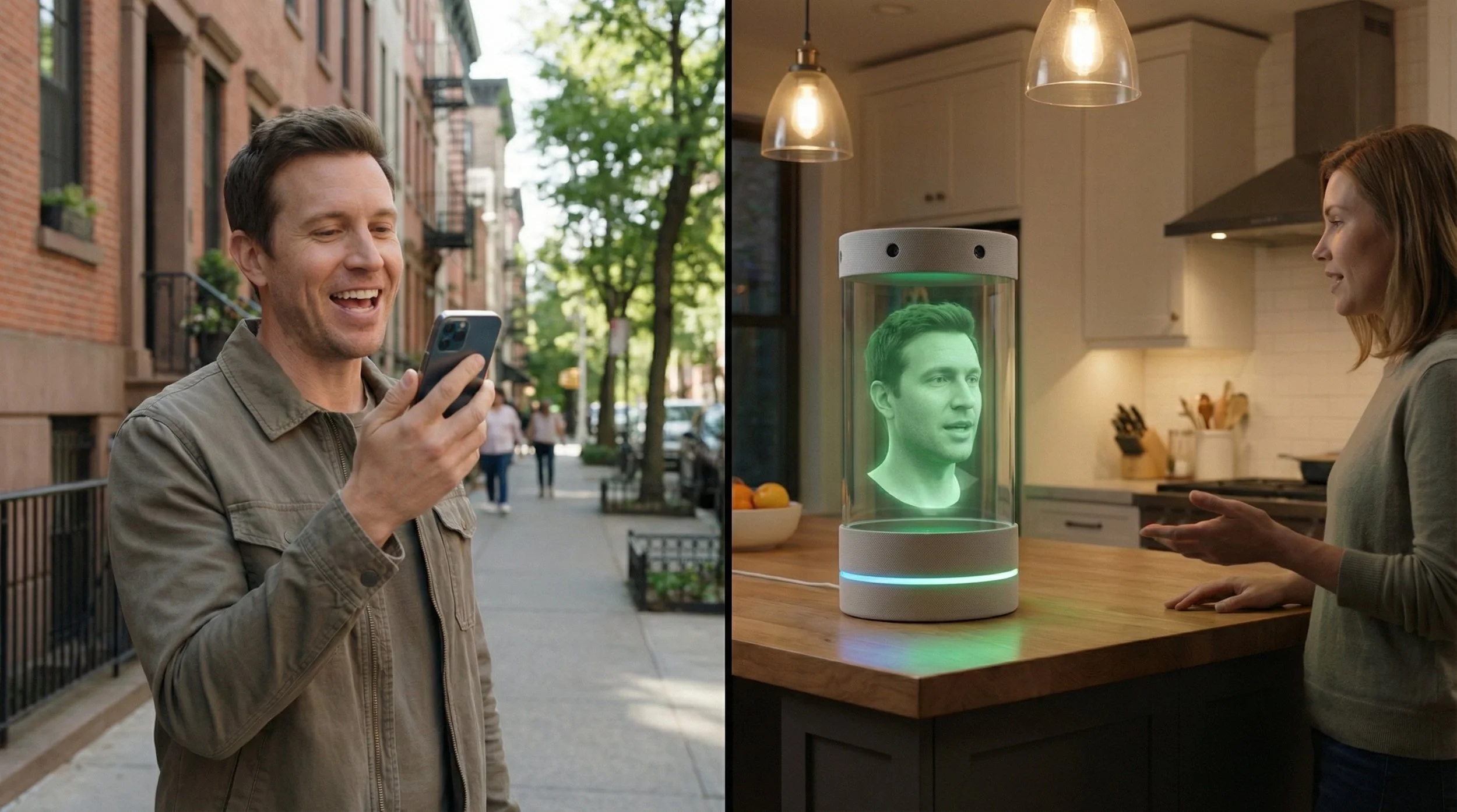 A man video-calls his wife from his smartphone while she sees him appear as a lifelike 3D hologram in their kitchen — bringing them face to face with real eye contact and natural expressions, as if he were truly standing right there at home.