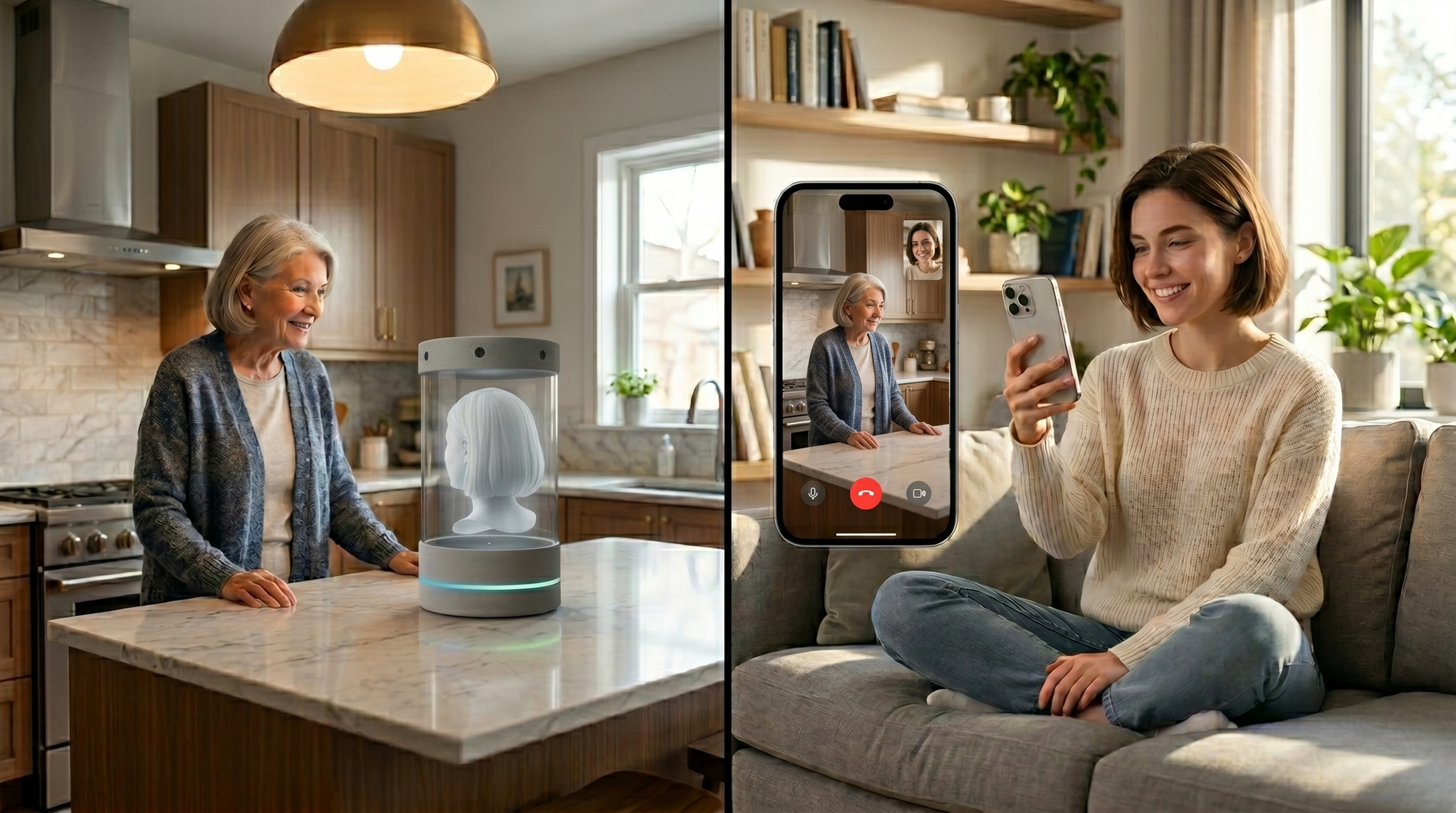 A young woman video-calls her grandma and watches her appear as a stunning 3D hologram she can walk around and see from every angle — turning a simple phone call into a lifelike 360° visit, as if grandma were right there in the room.