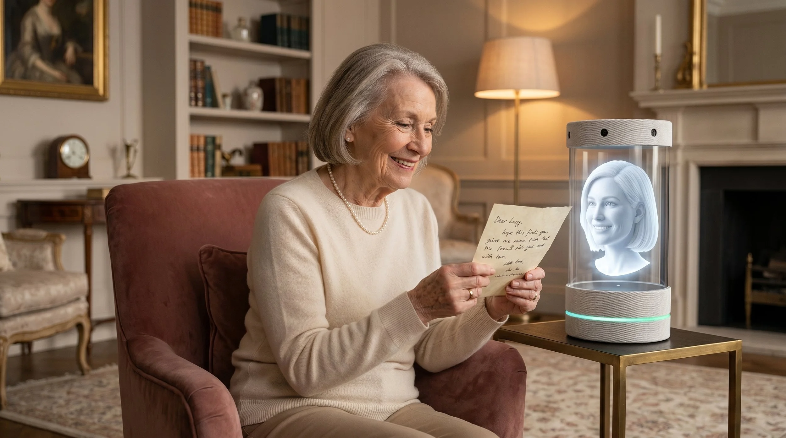 An elderly woman sits holding a letter while Claire, our Holographic AI Assistant, smiles warmly from her holographic display beside her — ready to help with patience and care.
