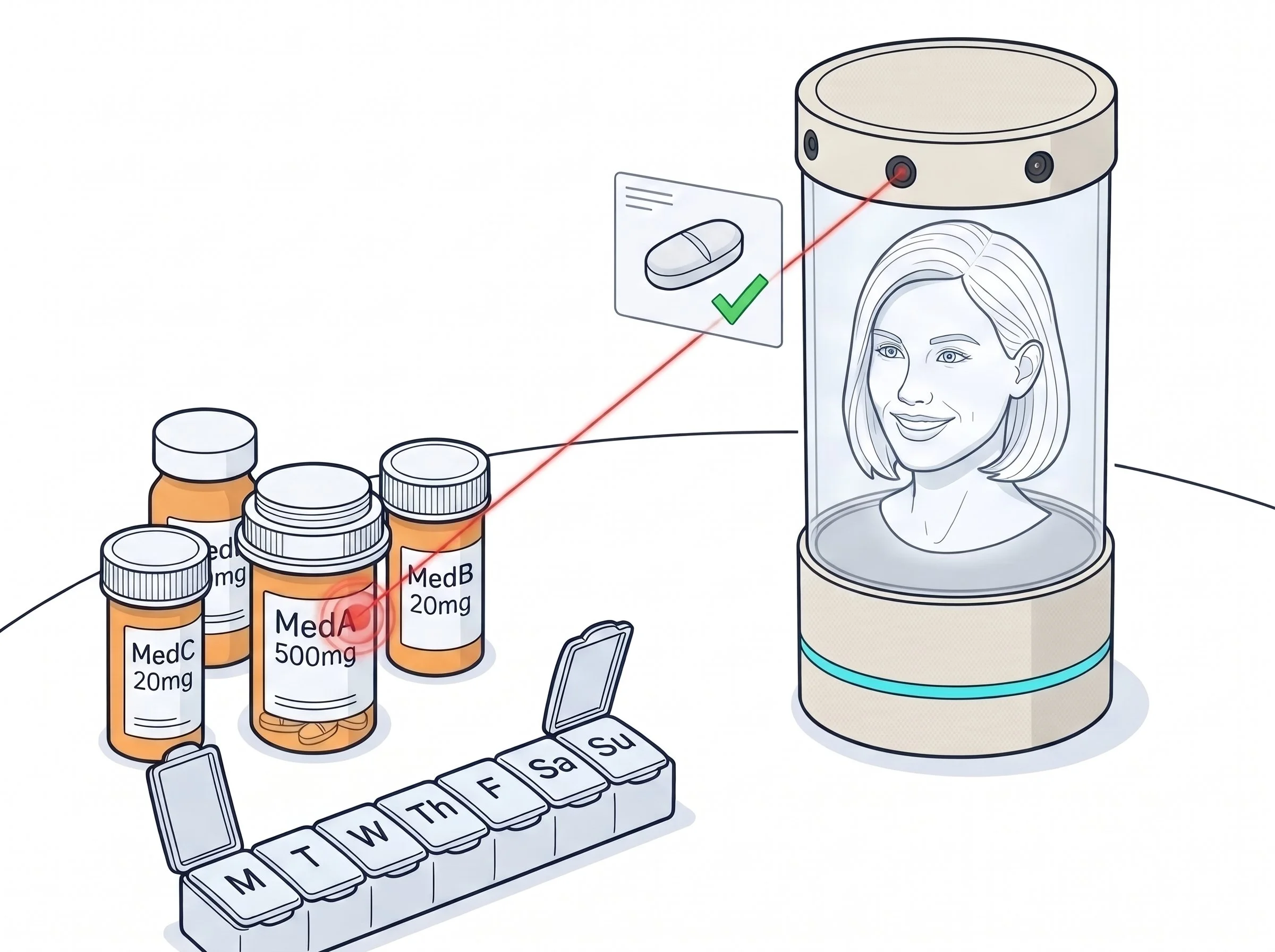 Illustration: OHLO points a thin red light at one of several medicine bottles, next to a weekly pill box.