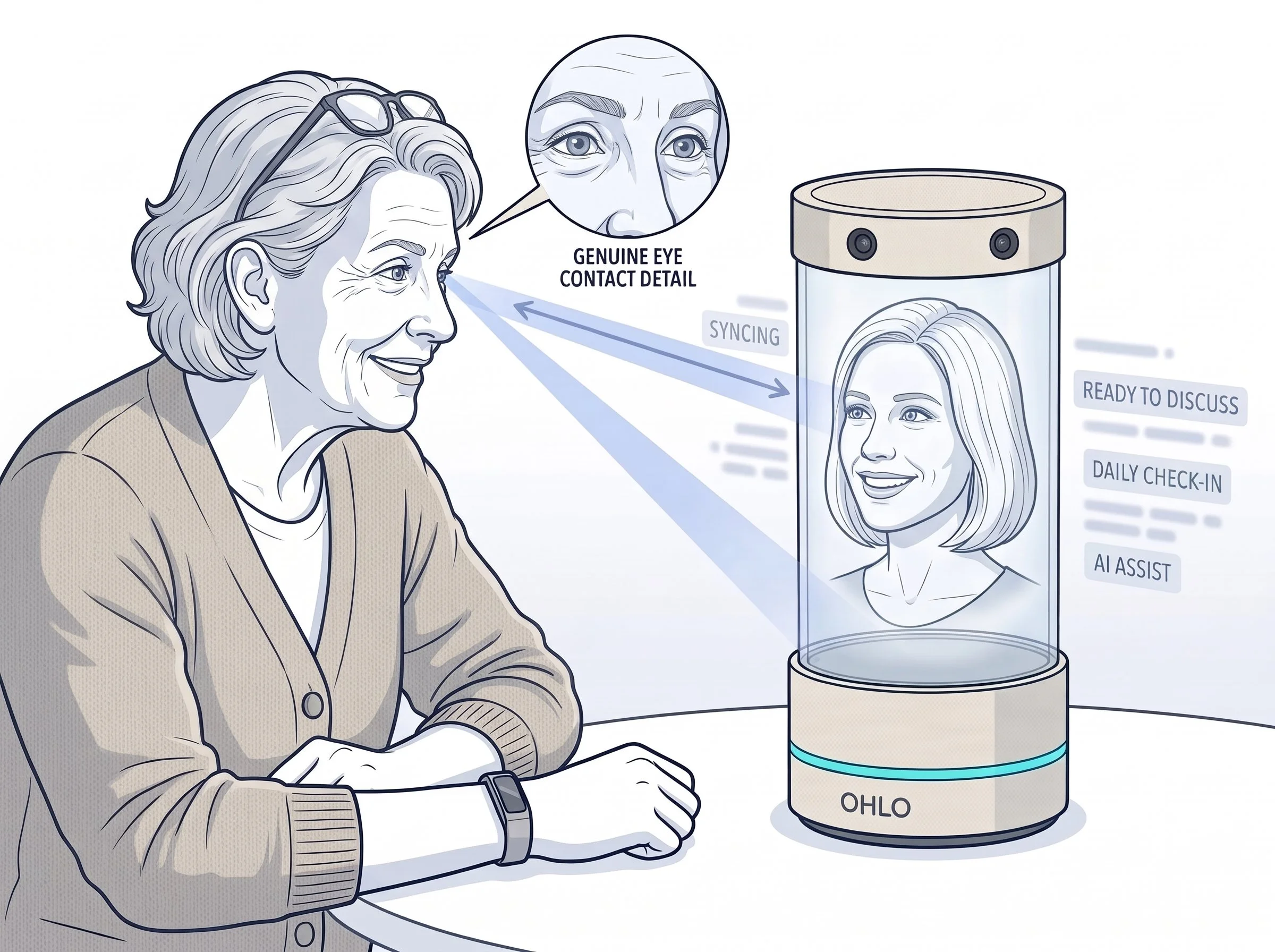 Illustration: an older woman and OHLO’s 3D face look each other in the eye across a table.