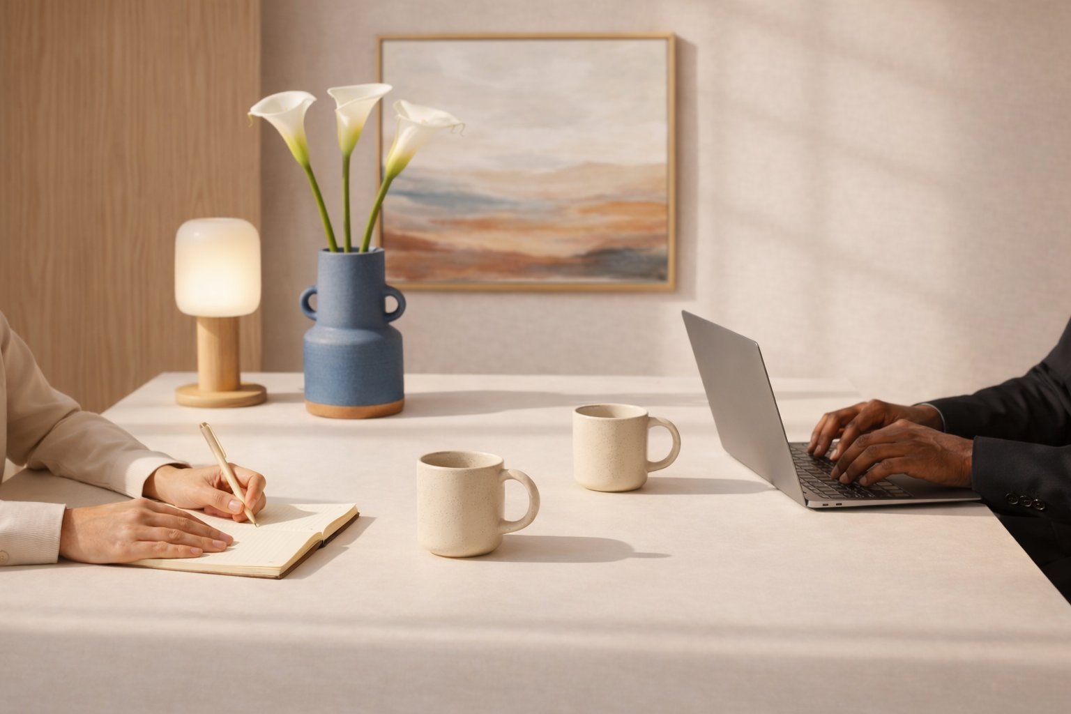 Kaksi ihmistä työskentelee pöydän ääressä, toisen kirjoittaessa päiväkirjaa ja toisen käyttäessä kannettavaa tietokonetta.