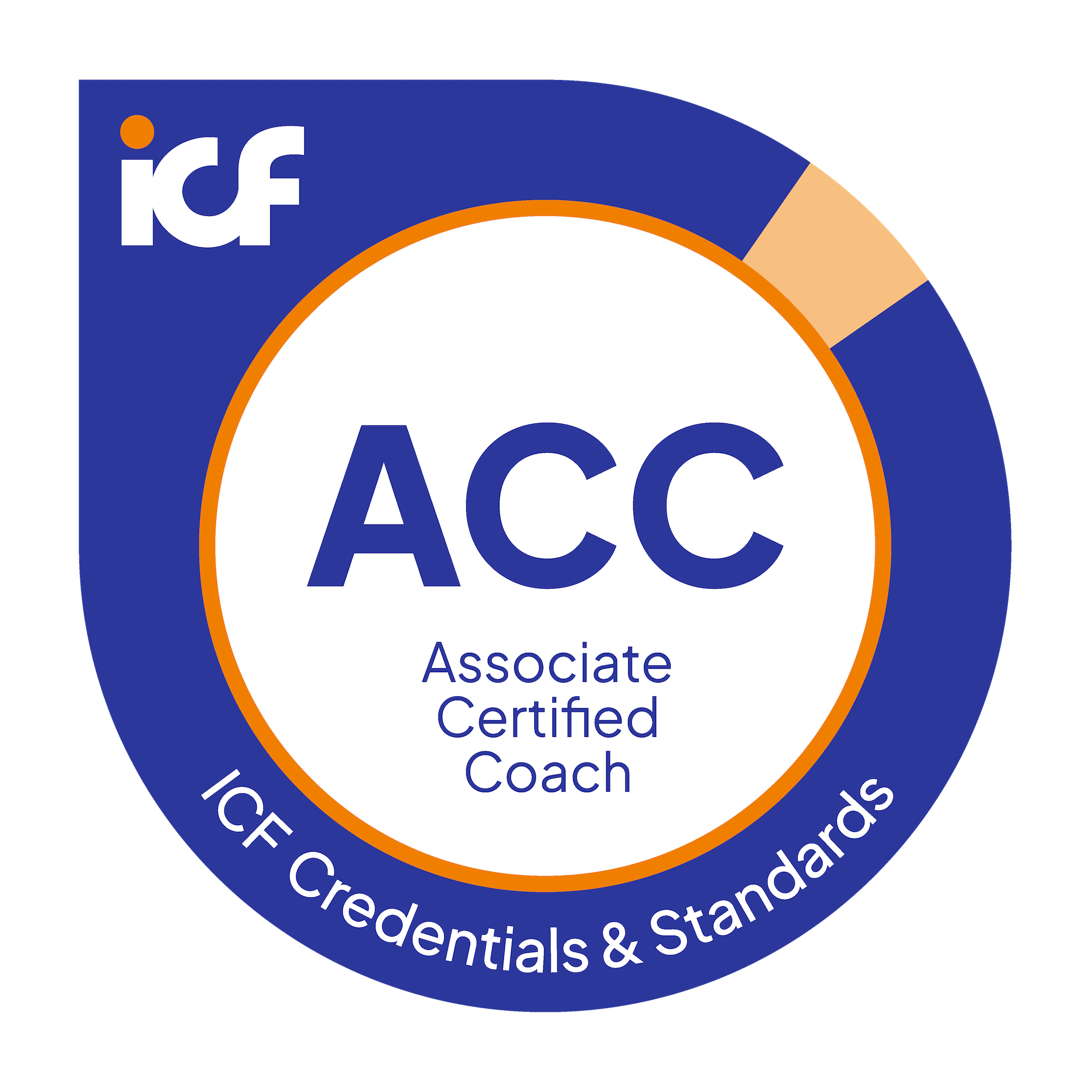 ICF:n logo ja sertifikaatikilpi, jossa lukee 'ACC', 'Associate Certified Coach', ja 'ICF Credentials & Standards'.