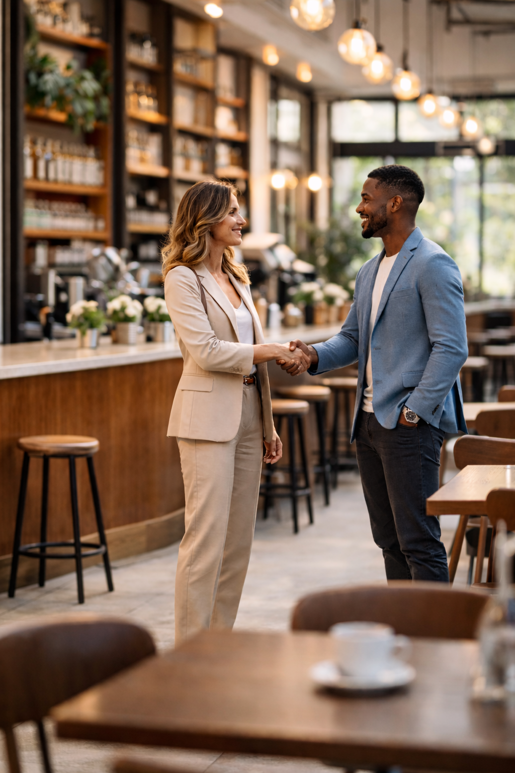 A man and woman shake hands inside a cozy, well-lit coffee shop or cafe, with wooden shelves and tables, and large windows in the background.