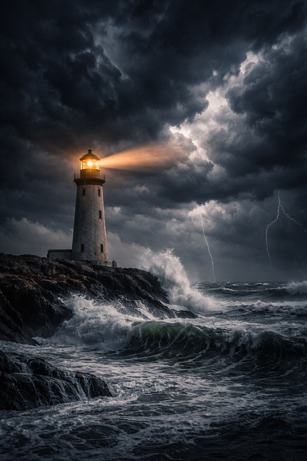 A lighthouse on rocky coastline during a storm with dark clouds, lightning, and rough ocean waves, with the lighthouse shining its light.