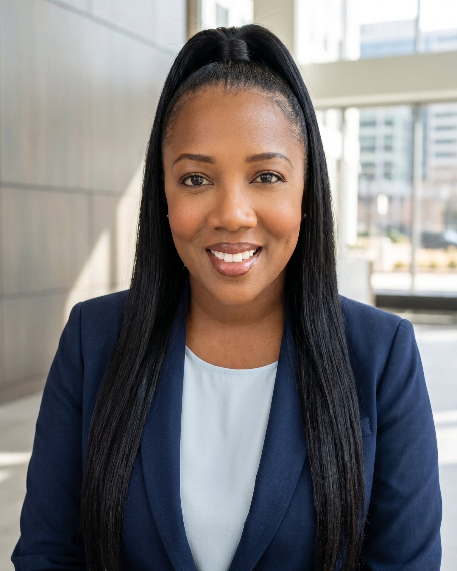 A woman with long black hair tied in a high ponytail, wearing a navy blazer and white top, smiling indoors with natural light coming through windows.