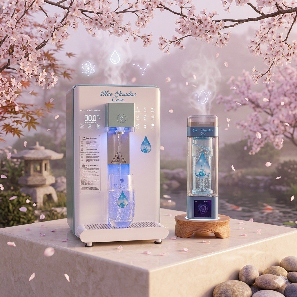 Purificateur d'eau par osmose inverse, sans installation et la bouteille d'eau hydrogénée 9000 ppb Blue Paradise Care® , dans une ambiance et purée de printemps, avec des fleurs de cerisier 