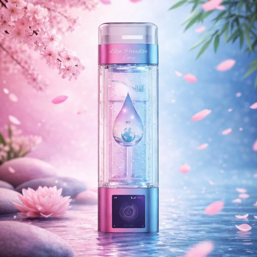 Générateur d'eau H2 avec un affichage numérique, étiqueté Blue Paradise Care, entouré de fleurs de cerisier, pierres et pétales flottants sur l'eau, dans des tons roses et bleu