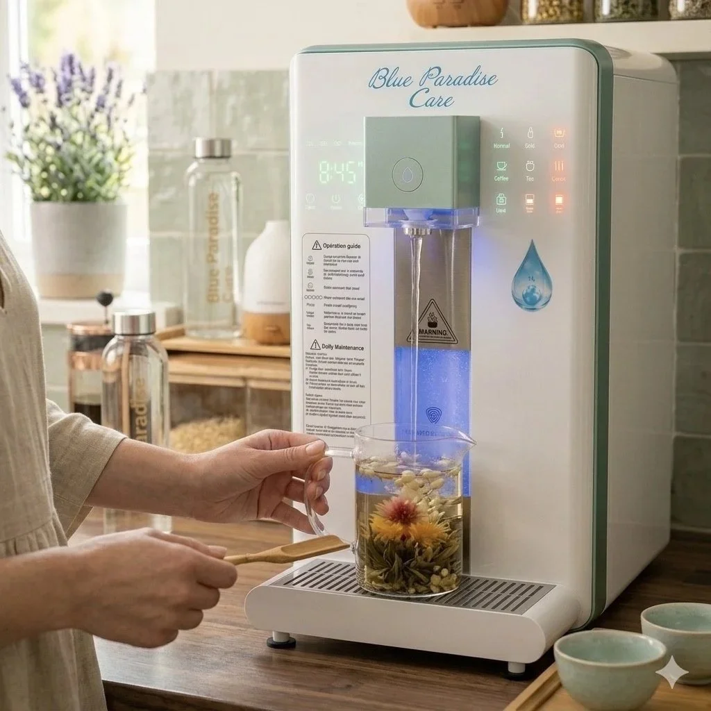 Optimiser vos eaux detox avec la filtration par osmose inverse Blue Paradise Care®. Une eau saine et pure sans installation directement versée dans votre verre. Le design moderne de l'osmoseur s'invite dans votre cuisine, une femme se verse un verre 