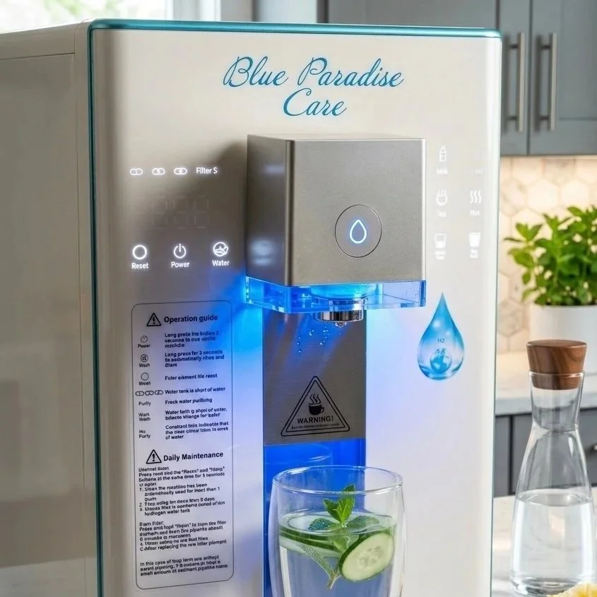  Decouvrez l'Omoseur H2 Blue Paradise Care®  écran tactile - Installation sans travaux - Filtration de pointe par osmose inverse - avec un verre rempli de citron, concombre, et menthe pour soutenir votre corps