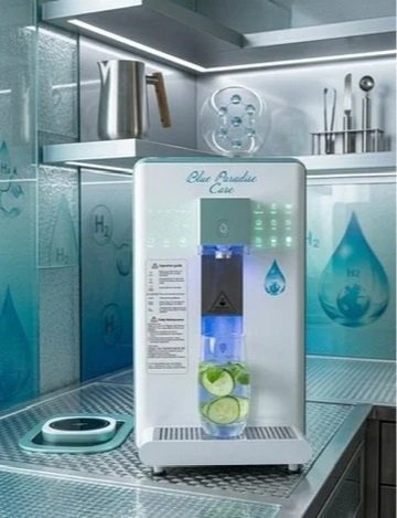 Découvrez l'osmoseur inverse H2 de Blue Paradise Care®, système de filtration par osmose inverse pour une pure et saine au quotidien - avec des images de molécules d'hydrogène et d'eau sur le mur derrière.