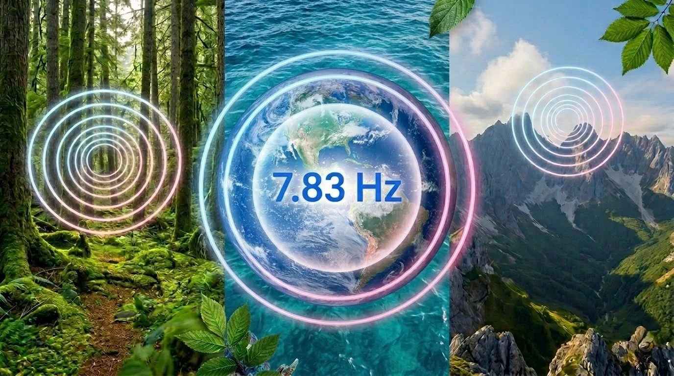 De Schumann, avec fréquence de 7,83 Hz, superposé sur un arrière-plan de nature