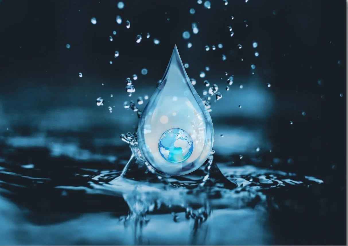 Goutte d'eau du logo avec une image de la Terre à l'intérieur, se déposant sur une surface d'eau, symbolisant la préservation de l'eau et de l'environnement.