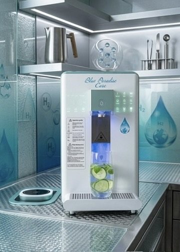 Distributeur d'eau à osmose inverse H2 Blue Paradise Care® dans une cuisine moderne, avec un verre d'eau infusé au citron et concombre.