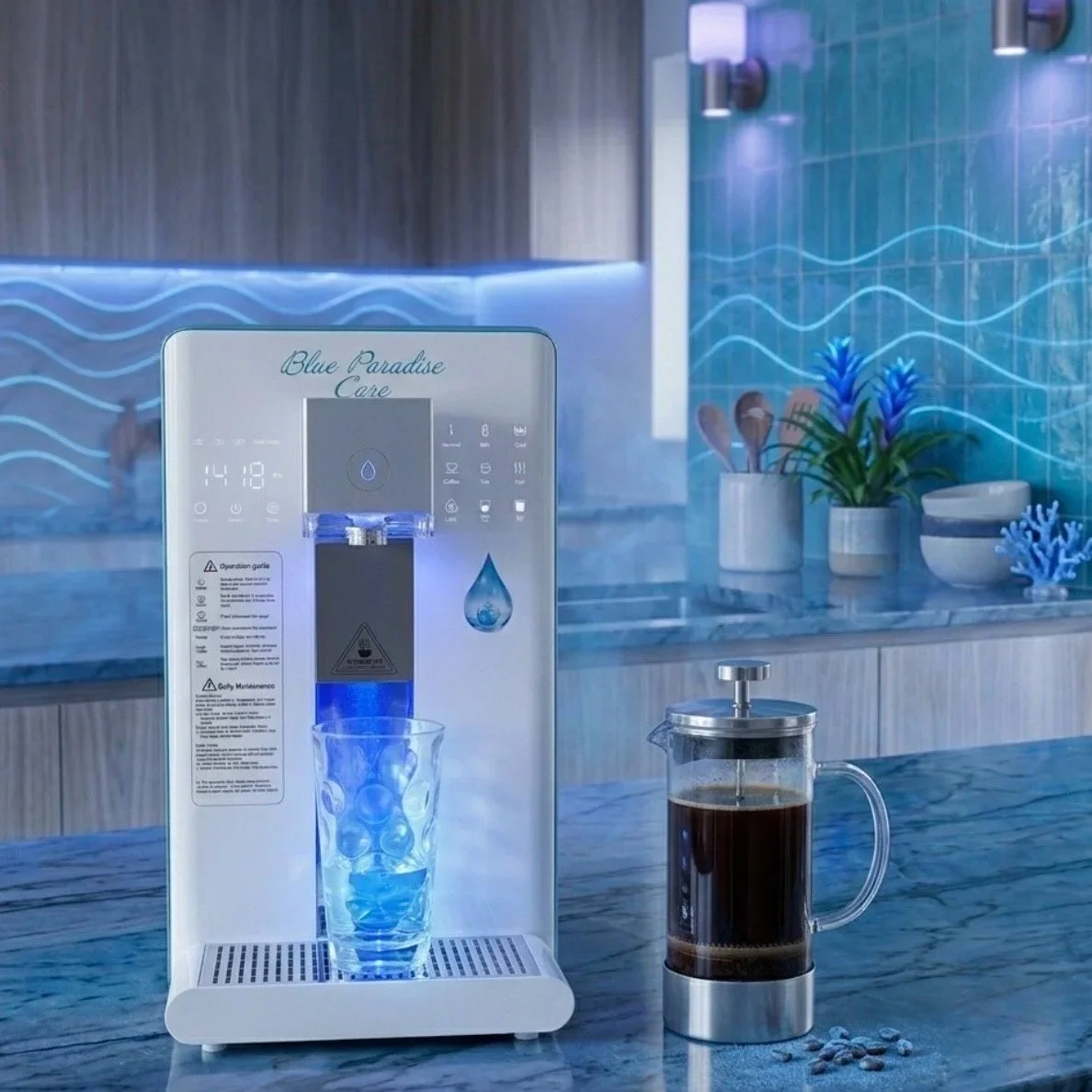 Osmoseur H2 Blue Paradise Care® et cafetière italienne manuelle sur comptoir en marbre. Un bon café prêt en 3 minutes à une juste température . Ambiance Zen, éthérée et  bleutée