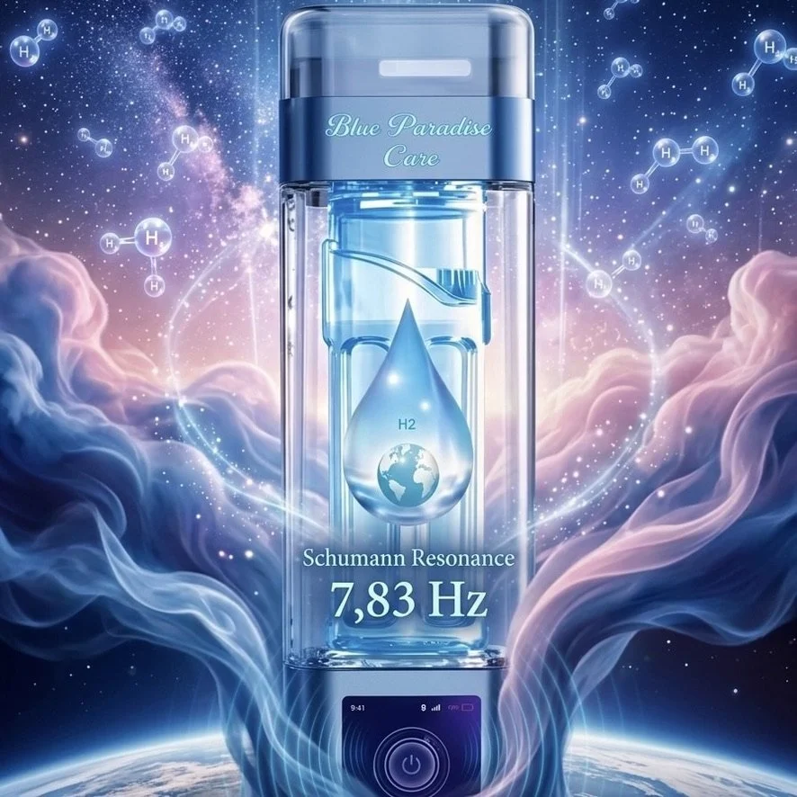 Bouteille d'eau hydrogéné, H2 Bue Paradise Care, intégrant la fréquence de résonance vibratoire de Schumann de 7,83 Hz pour le bien-être cellulaire de toute la famille. Sur fond de terre vue de l'espace, entouré d'une énergie cosmique, rose et bleue 