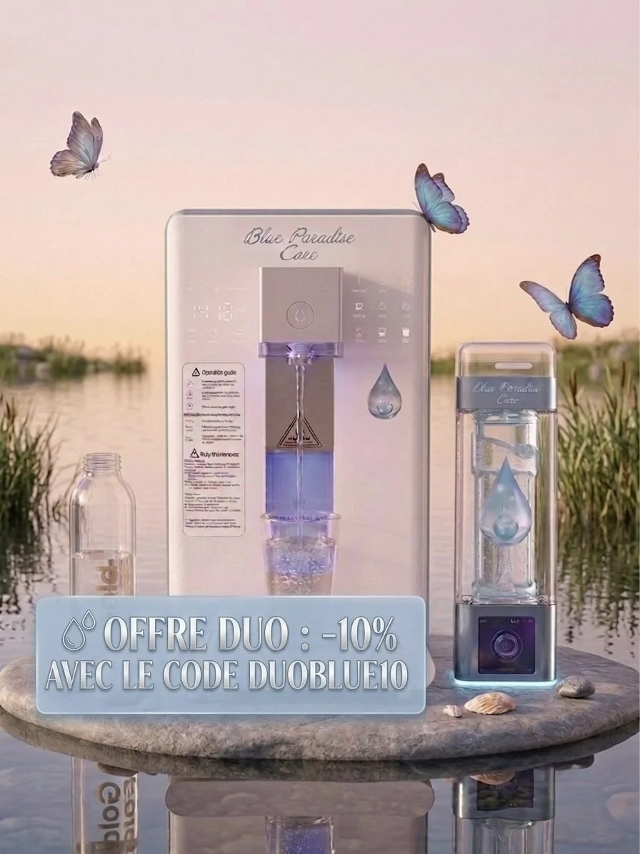 Duo Osmoseur H2 dernière génération et bouteille H2 Premium Blue Paradise Care® Offre spécial pour les deux appareils achetés ensemble.