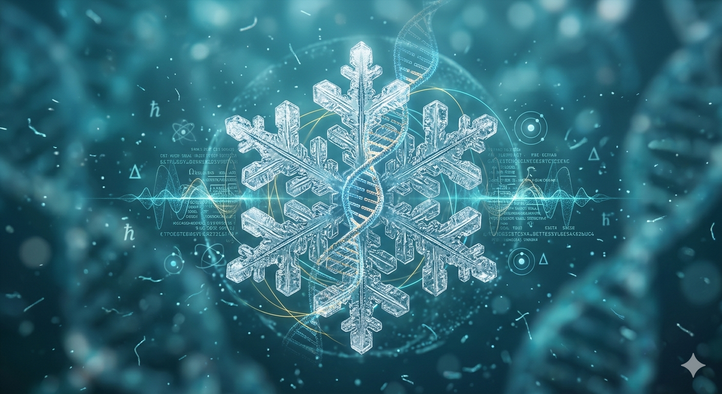 H2 : Représentation visuelle de la mémoire de l’eau : cristal de neige, double hélice d’ADN et données scientifiques évoquant la résonance bio quantique.