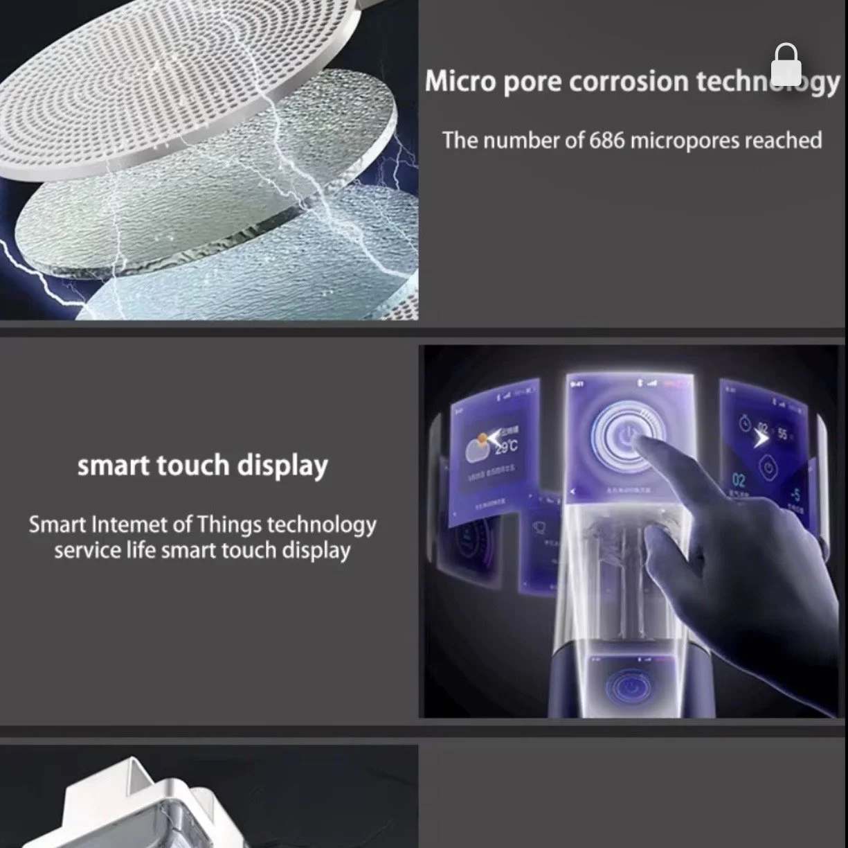 Diagramme illustrant la technologie de pores microscopiques pour la corrosion et l'écran tactile intelligent avec interface de l'Internet des objets.