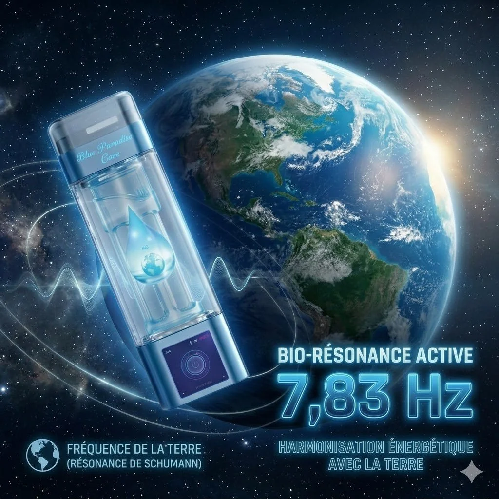 Illustration de la bouteille hydrogène Blue Paradise Care® émettant des ondes vibratoires des fréquences de 7,83 Hz de la terre harmonisant l'eau et le corps