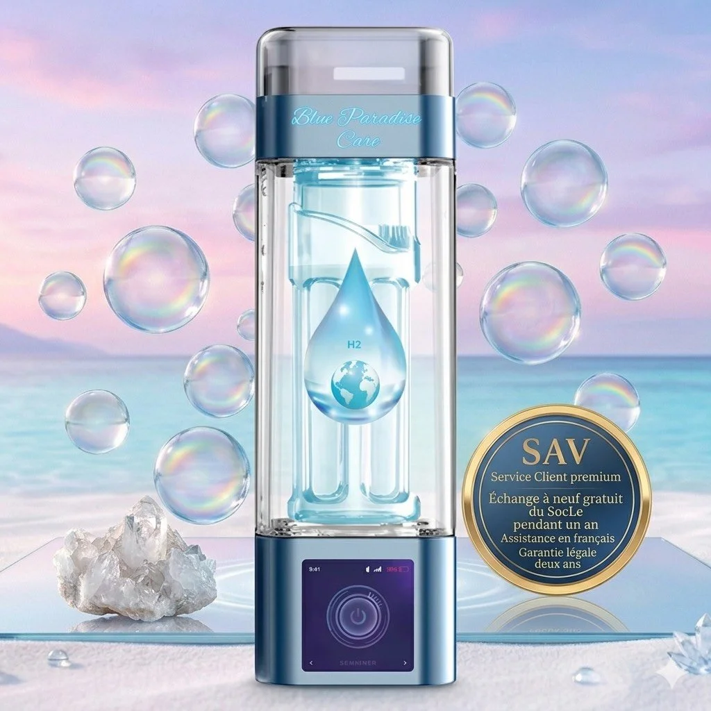 Bouteille H2, Blue Paradise Care : approche de l’hydrogène  9000 ppb, fréquence Hertz de la terre intégrée, mémoire de l’eau et luminothérapie, inhalation, la solution cellulaire globale pour la santé de toute la famille.