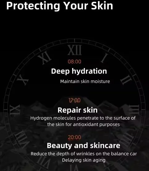 Horloge illustrant un programme de soins de la peau à différents moments de la journée blue Paradise Care avec des conseils pour l'hydratation, la réparation et la beauté.