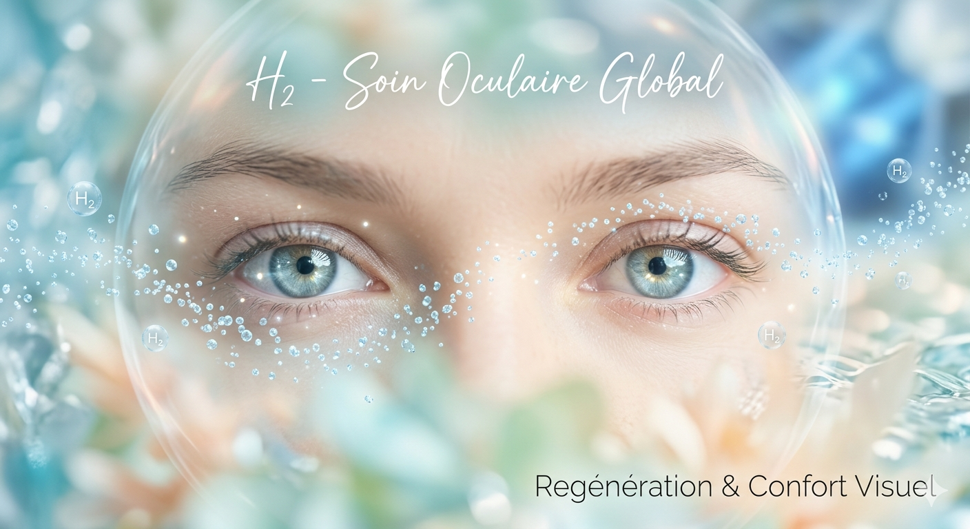 Un visage de femme, avec des yeux bleus, entouré de bulles H2, contenant des molécules d’hydrogène, représentant un soin oculaire global pour la régénération et le confort visuel des yeux grâce à notre inhalation avec la bouteille de 9000 ppb.