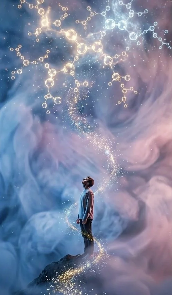 Un homme debout sur une rocher, regardant le ciel rempli de molécules et de particules lumineuses, créant une scène surréaliste et cosmique.