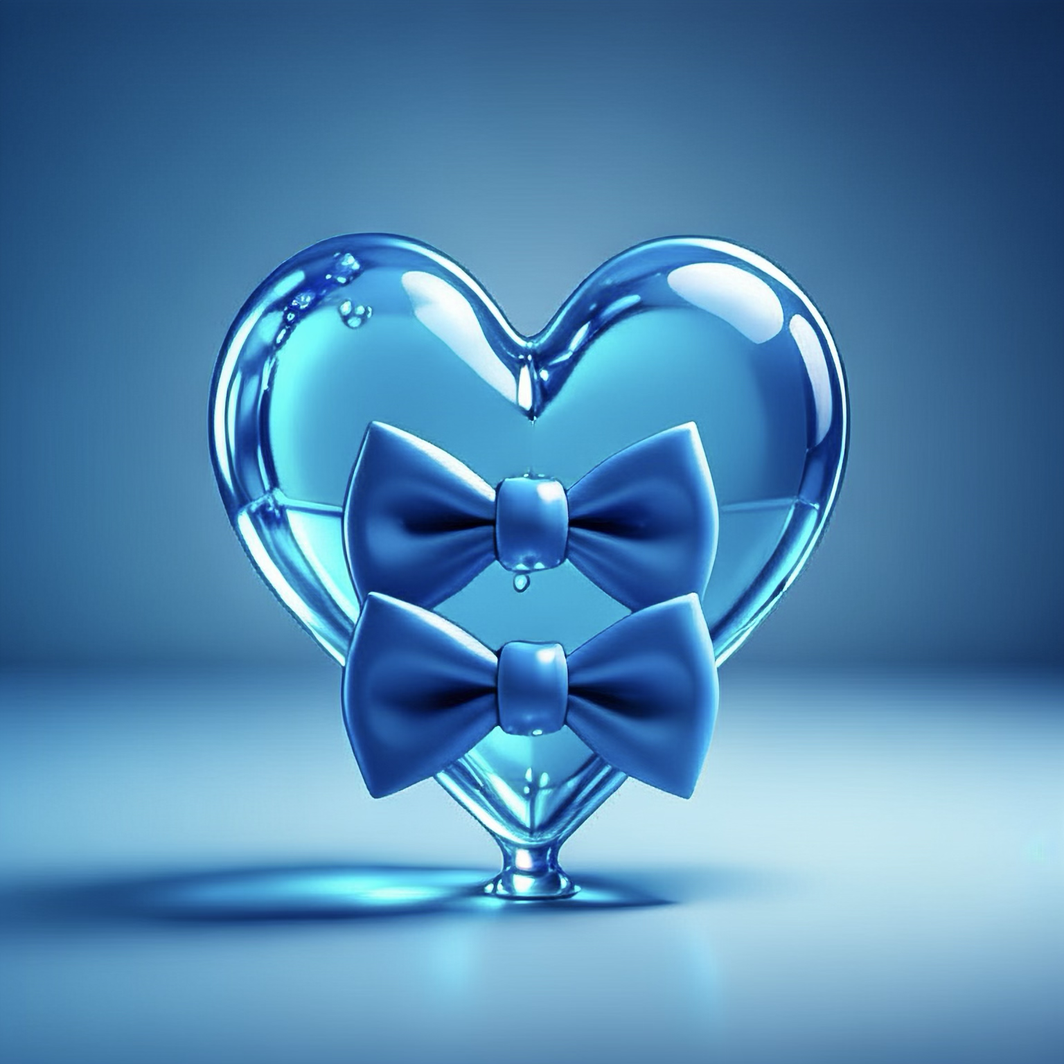 Cœur en verre bleu avec deux nœuds papillons bleus suspendus à l'intérieur.