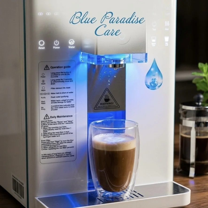 Osmoseur H2 Blue Paradise Care® et cafetière italienne manuelle sur comptoir en marbre. Un bon café prêt en 3 minutes à une juste température . Ambiance Zen, éthérée et  bleutée