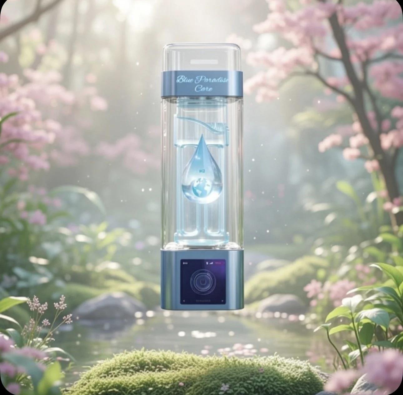 Un générateur d'eau portable en forme de tube carré vertical dans un environnement naturel avec des fleurs roses de cerisiers et vertes, un ruisseau et des rochers avec de la mousse, sous une lumière douce et ensoleillée.
