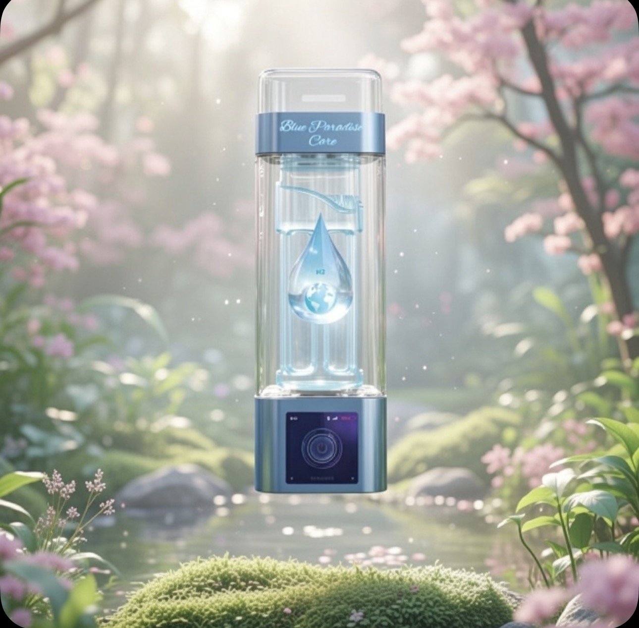 Un générateur d'eau portable en forme de tube carré vertical dans un environnement naturel avec des fleurs roses de cerisiers et vertes, un ruisseau et des rochers avec de la mousse, sous une lumière douce et ensoleillée.