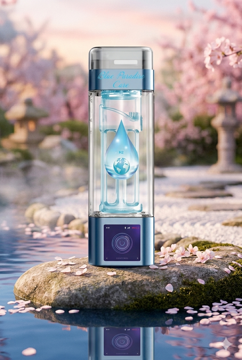 Bouteille Blue Paradise Care H₂ sur une roche avec de la mousse entouré d’eau. Forêt de cerisier en fleur rose. Ambiance zen et douce au coucher du soleil