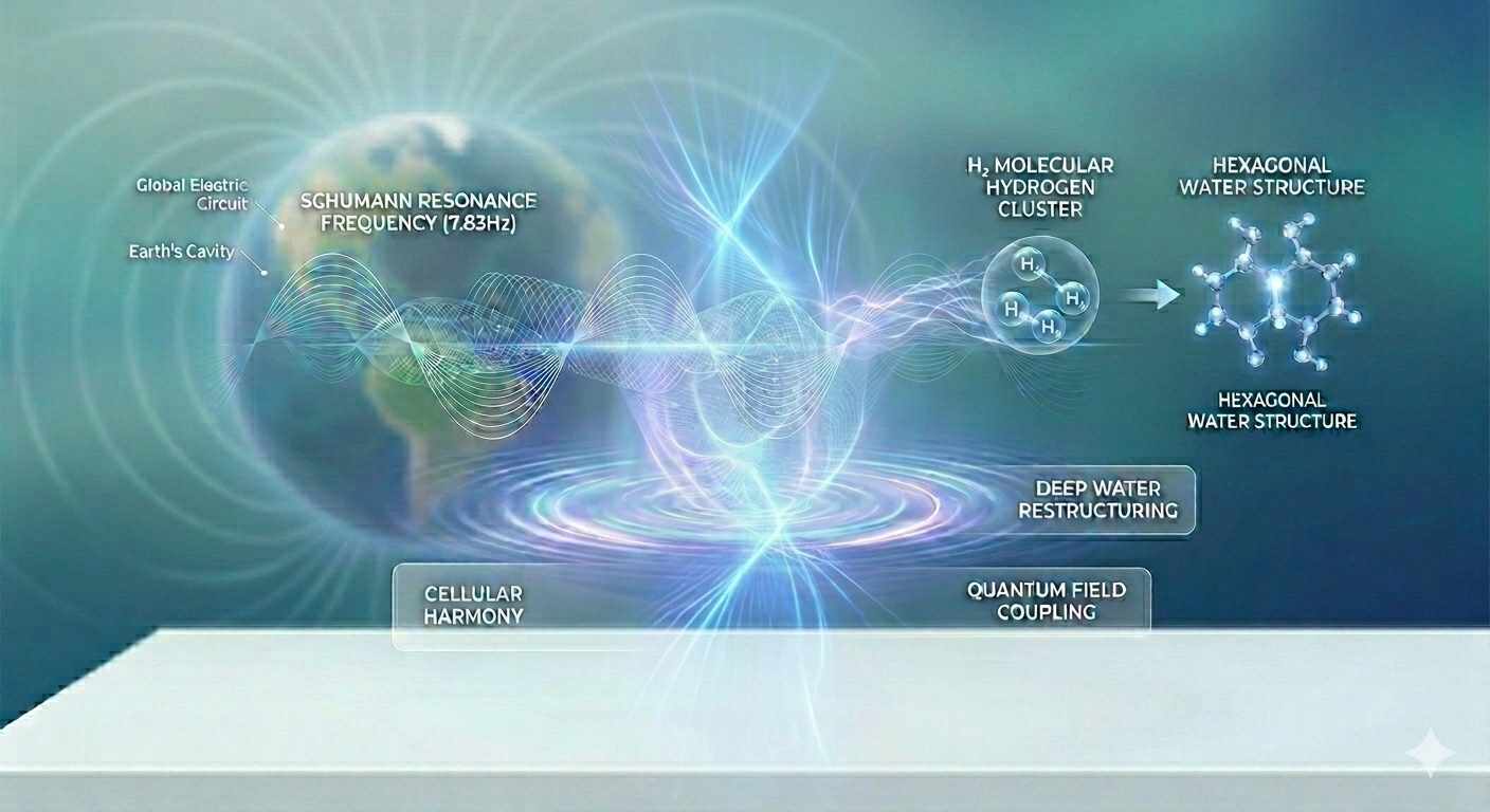 Une illustration scientifique montrant des structures moléculaires d'hydrogène et des structures d'eau hexagonales, avec des termes comme 'résonance de Schumann', 'stratégie d'harmonisation cellulaire', et 'restructuration de l'eau profonde.